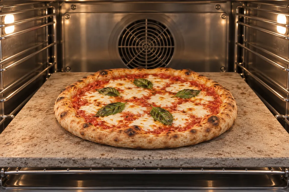 A margherita pizza with browned rim baking directly on a heated pizza stone.