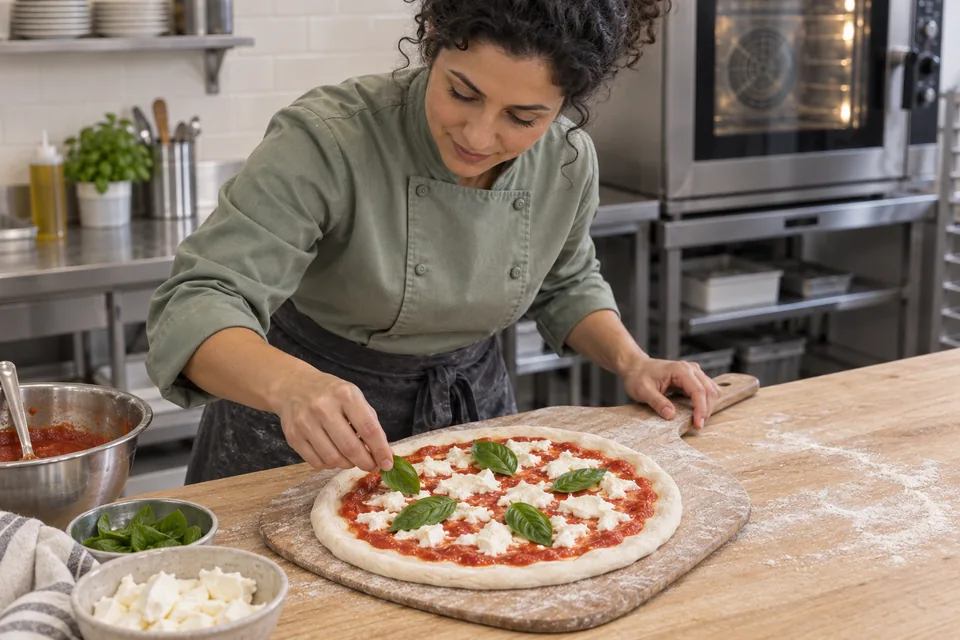 Chef topping a raw margherita pizza on a floured wooden peel.
