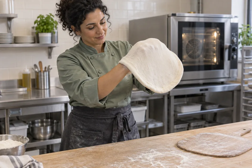 Chef stretching raw pizza dough over closed fists, preserving a thicker rim.