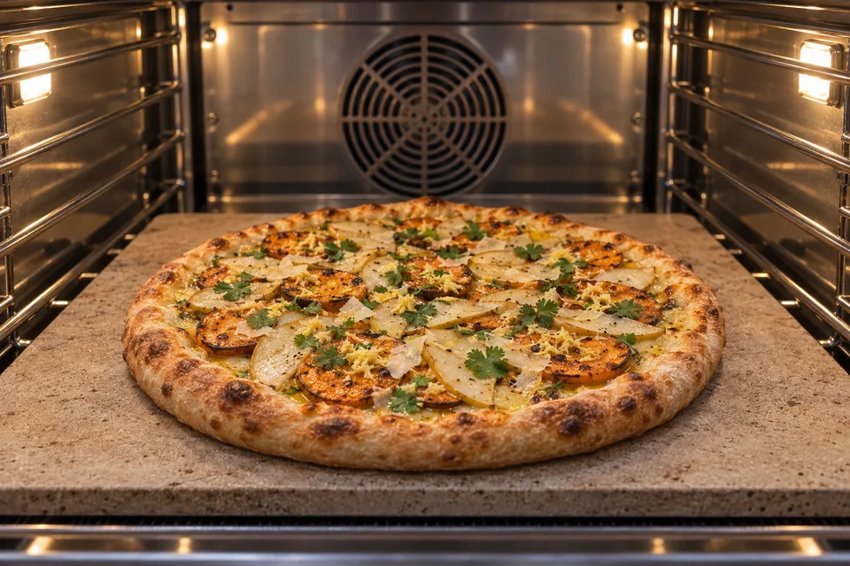 A sweet potato pear pizza with browned rim baking directly on a heated pizza stone.
