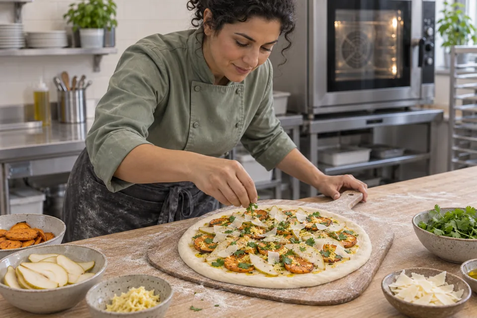 Chef topping a raw sweet potato pear pizza on a floured wooden peel.