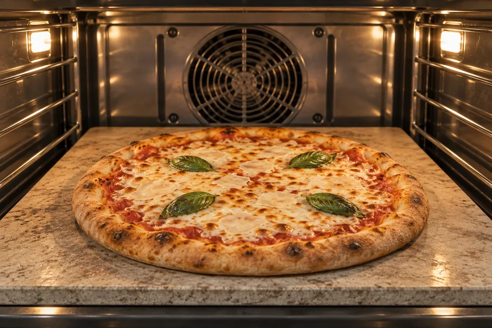 A two cheese pizza with browned rim baking directly on a heated pizza stone.