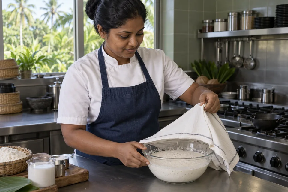 A cook uncovers a glass bowl of thick white fermented rice paste.