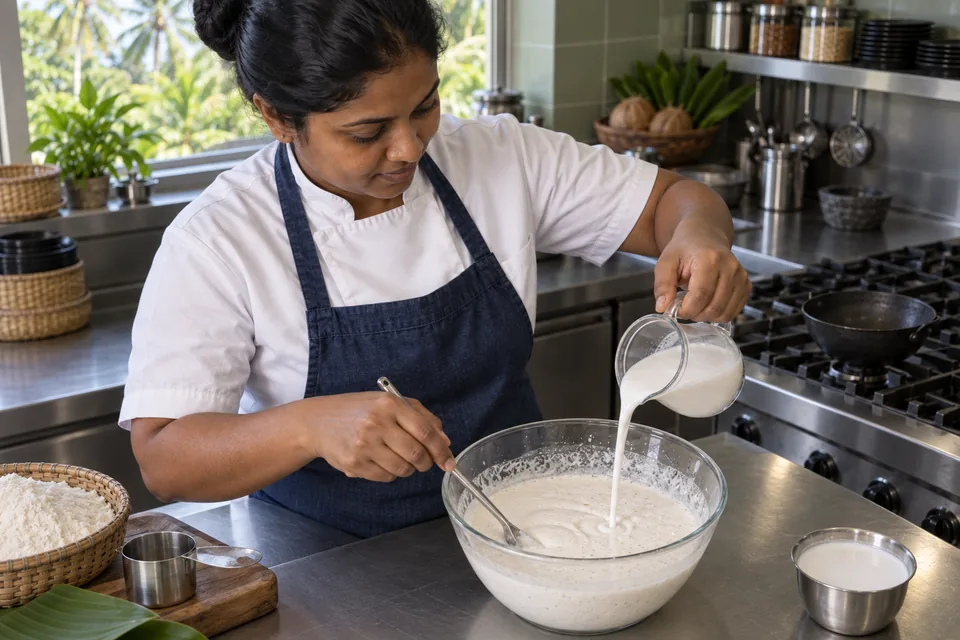 A cook pours coconut milk into fermented rice batter while stirring.