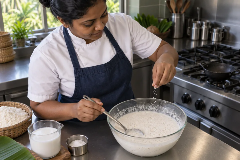 A cook sprinkles a small pinch of salt into white hopper batter.