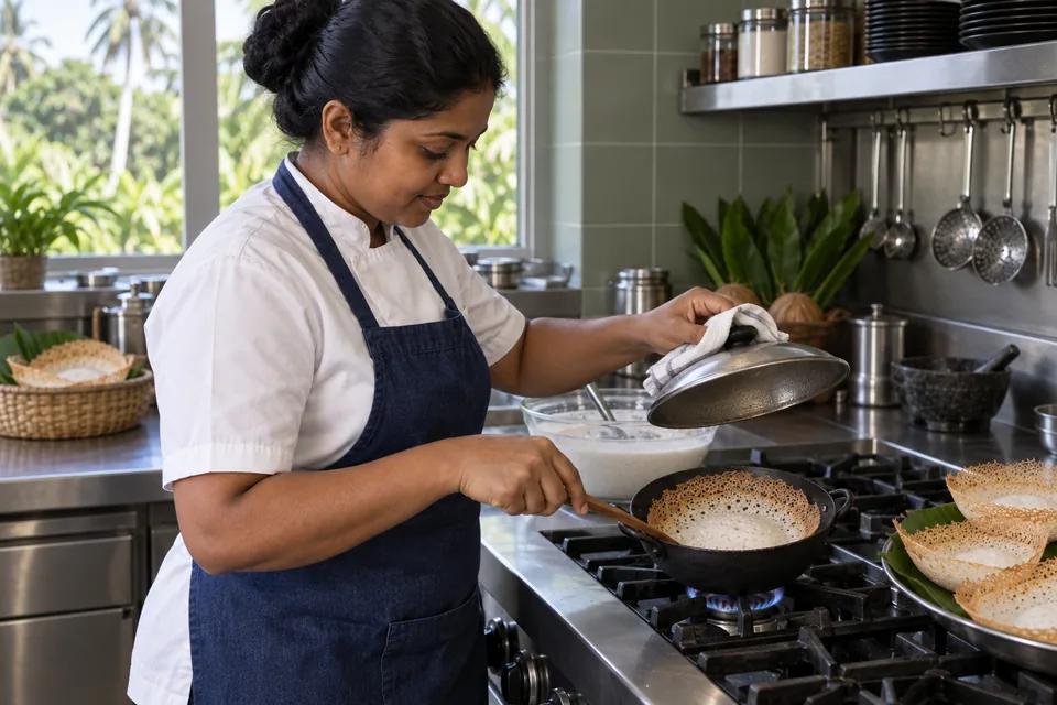 A cook lifts a lid from a curved hopper pan containing a plain appam with a lacy rim and white set centre.