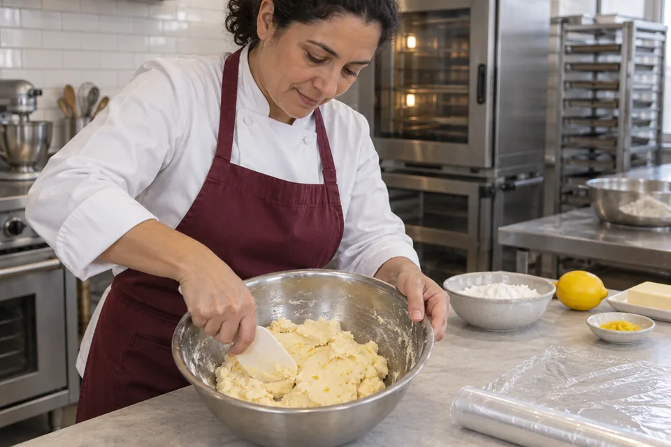 A baker gently gathers pale cornstarch cookie dough with a spatula in a bowl.