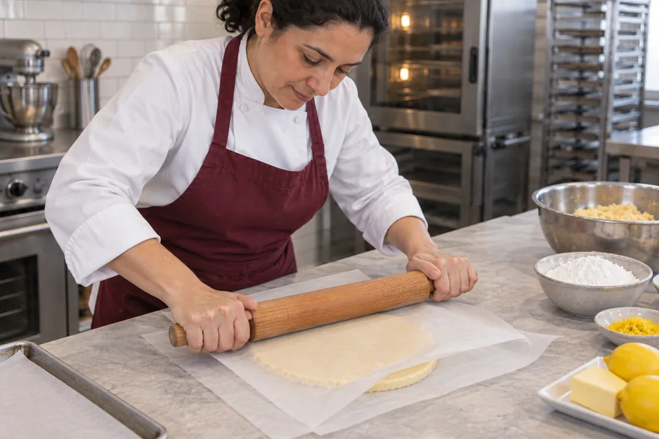 A baker rolls pale dough between two sheets of parchment.