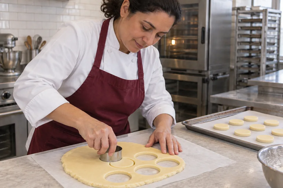 A baker cuts small round biscuits from pale dough beside a lined tray.