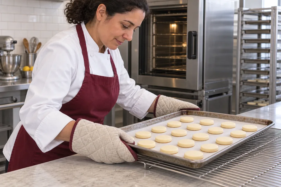 A baker sets a tray of small pale baked biscuits onto a cooling rack using oven mitts.