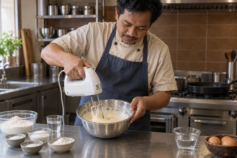 A cook beats pale martabak batter with a handheld mixer in a steel bowl.