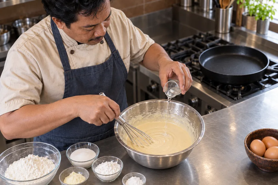 A cook pours a small glass of baking-soda solution into batter while whisking.