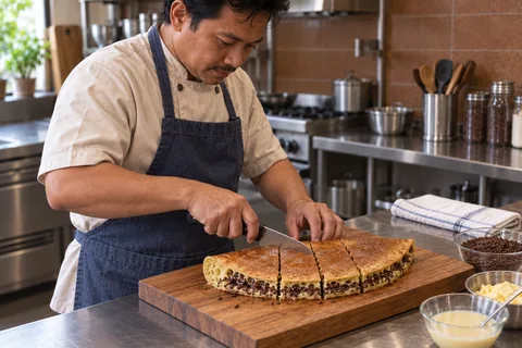 A cook cuts one chocolate-filled folded martabak into four adjoining portions on a board.