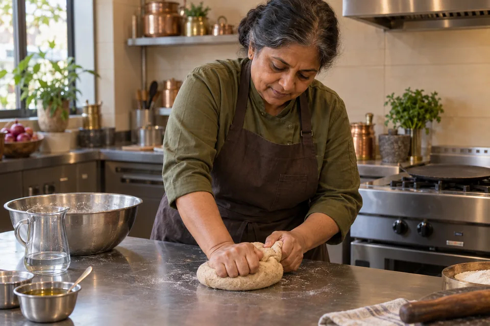 A cook kneads a tan whole-wheat dough on a lightly floured professional bench.