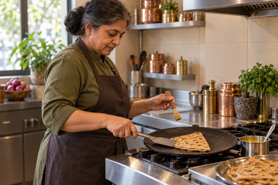 A cook presses a triangular paratha on a hot black tawa with a metal spatula.