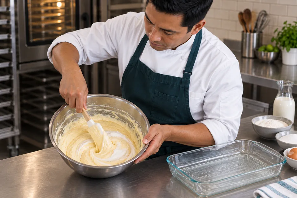 A baker folds white meringue through pale yellow batter with a flexible spatula.