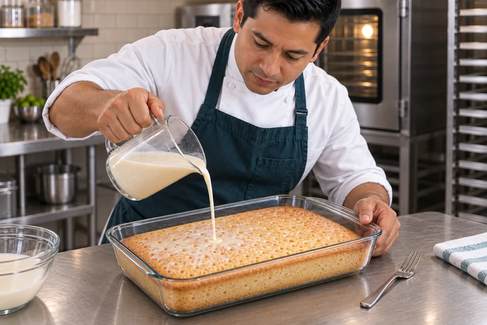 A baker slowly pours milk mixture over a pierced intact sponge cake in its glass dish.
