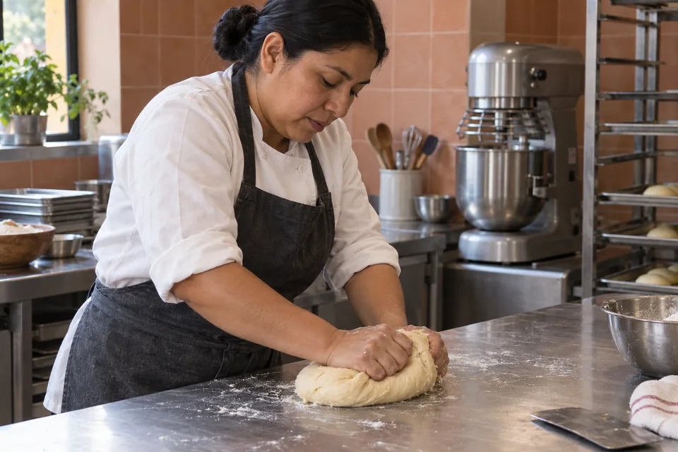 A baker leans over the bench while kneading a soft enriched dough.