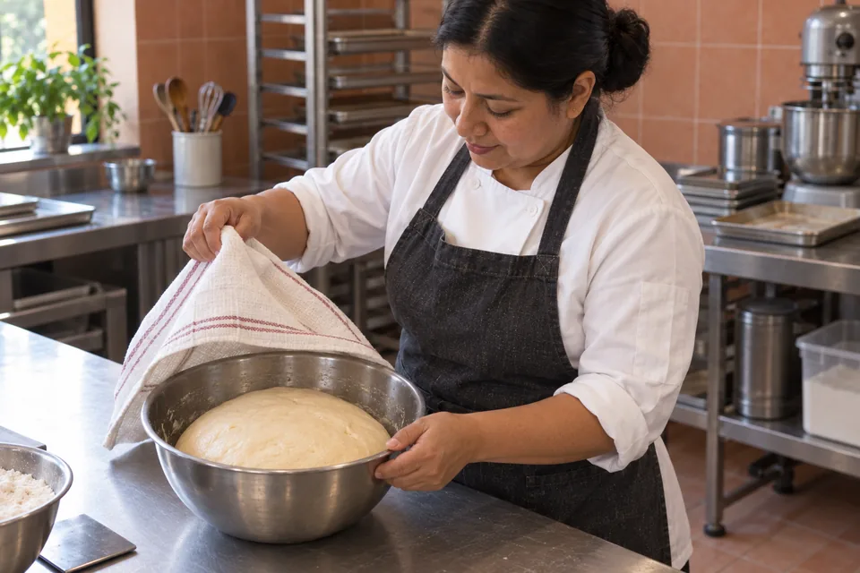 A baker lifts a cloth from a bowl of puffy risen dough.