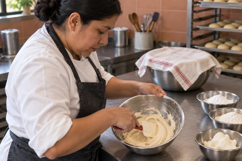 A baker folds a pale sugar-topping paste with a spatula in a steel bowl.