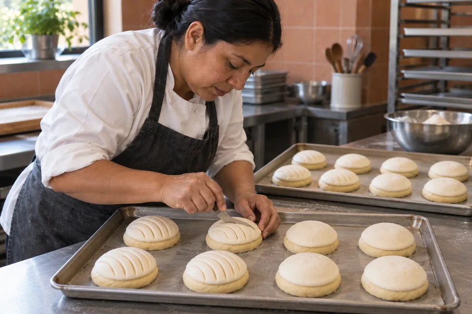 A baker scores curved shell grooves into sugar caps on two trays of raw conchas.