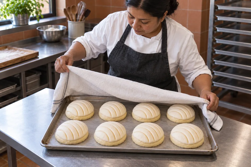 A baker uncovers one tray of eight pale, puffy conchas with scored sugar caps.