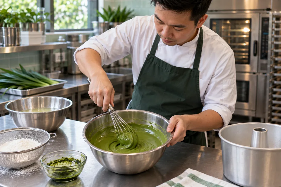 A cook whisks a smooth green pandan batter in a steel bowl.
