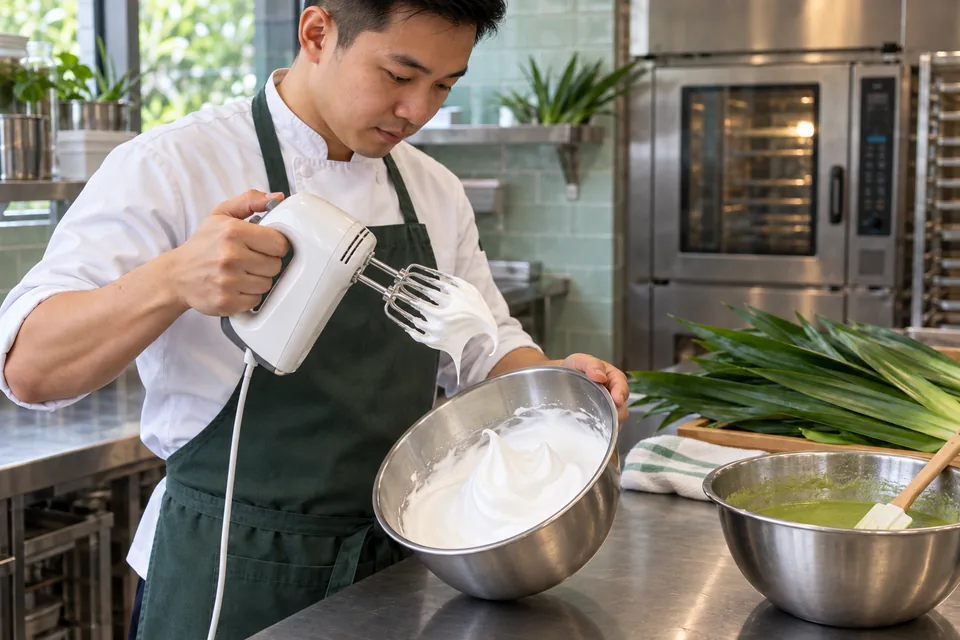 A cook lifts switched-off beaters to show glossy white meringue peaks.