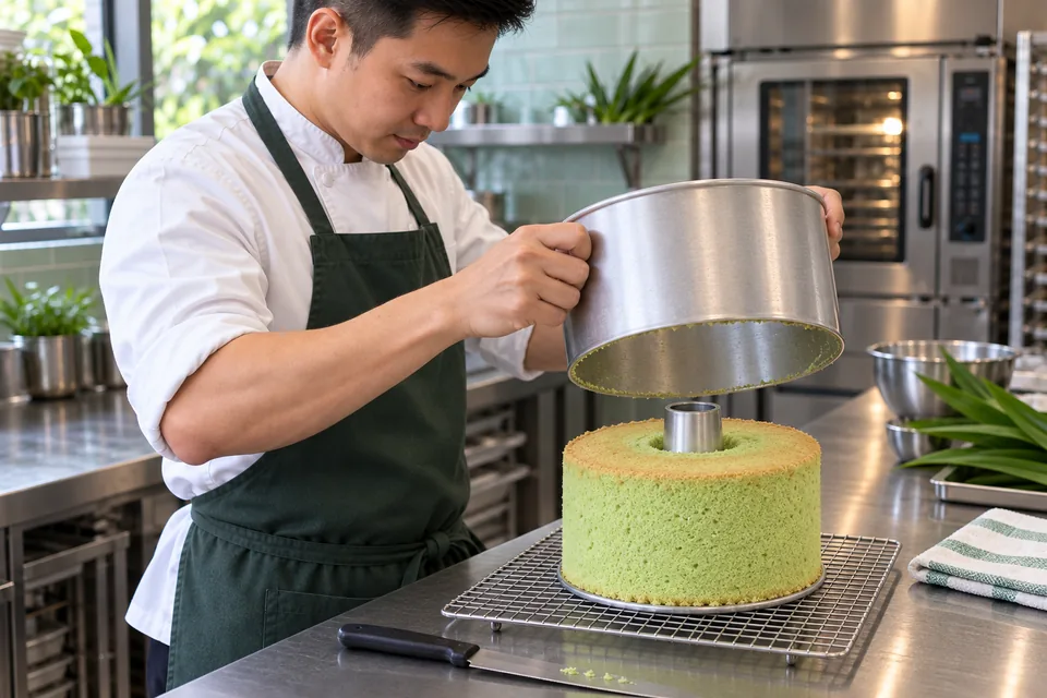 A cook lifts the outer tin from an intact cooled pandan chiffon cake resting on its removable base.