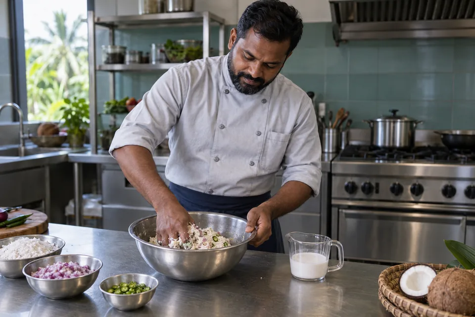 A cook gathers rough coconut dough flecked with onion and green chilli in a bowl.