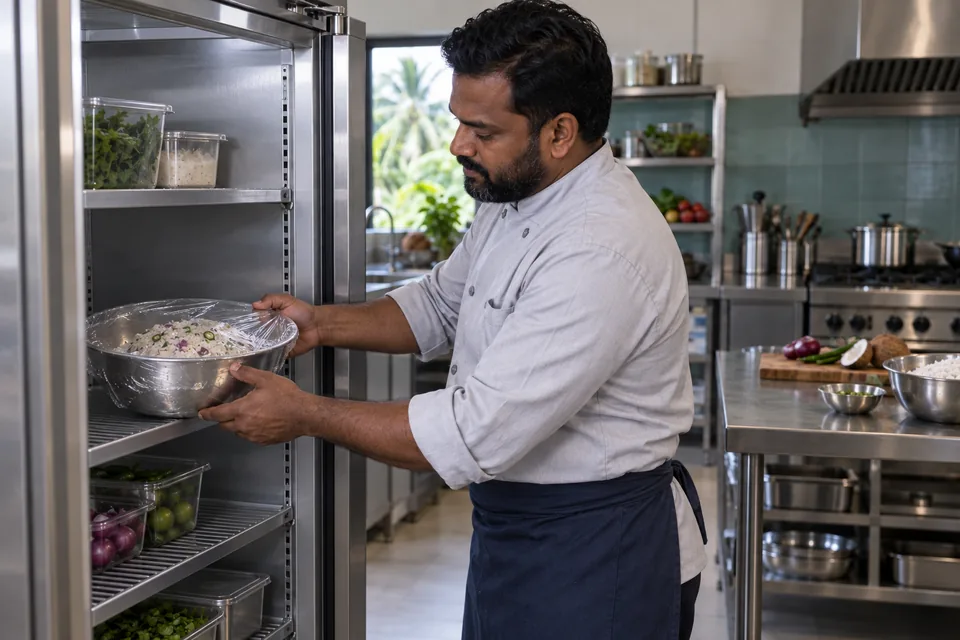 A cook places the covered bowl of coconut dough into a professional refrigerator.