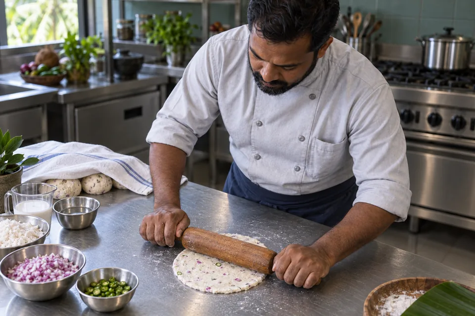 A cook rolls a pale onion-and-chilli-flecked coconut dough disc with a wooden pin.