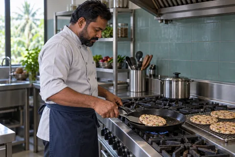 A cook checks a coconut roti in a skillet while earlier roti cool on a rack.