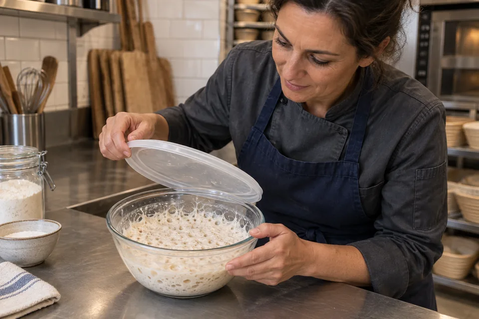 Baker lifts the lid from a glass bowl of bubbly poolish.