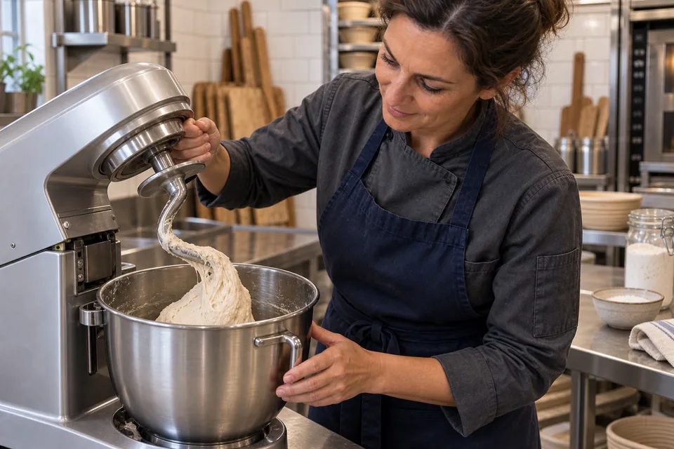 Baker checks cohesive baguette dough in a stand mixer bowl.