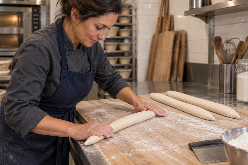 Baker rolls a baguette on a floured board beside two shaped baguette logs.