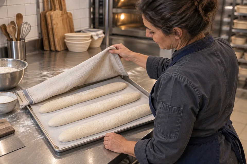 Three unscored baguette logs proof on a lined tray as a baker lifts the covering cloth.