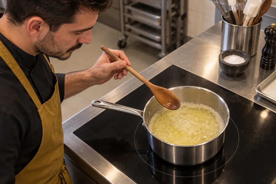 Melted butter and water boil in a small saucepan on the hob.