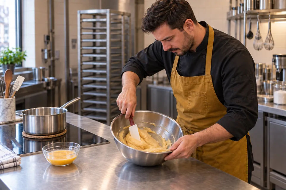 Chef spreads warm choux paste in a mixing bowl to help it cool.