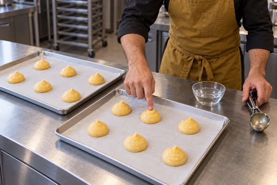 A damp fingertip smooths one of twelve choux mounds across two lined trays.
