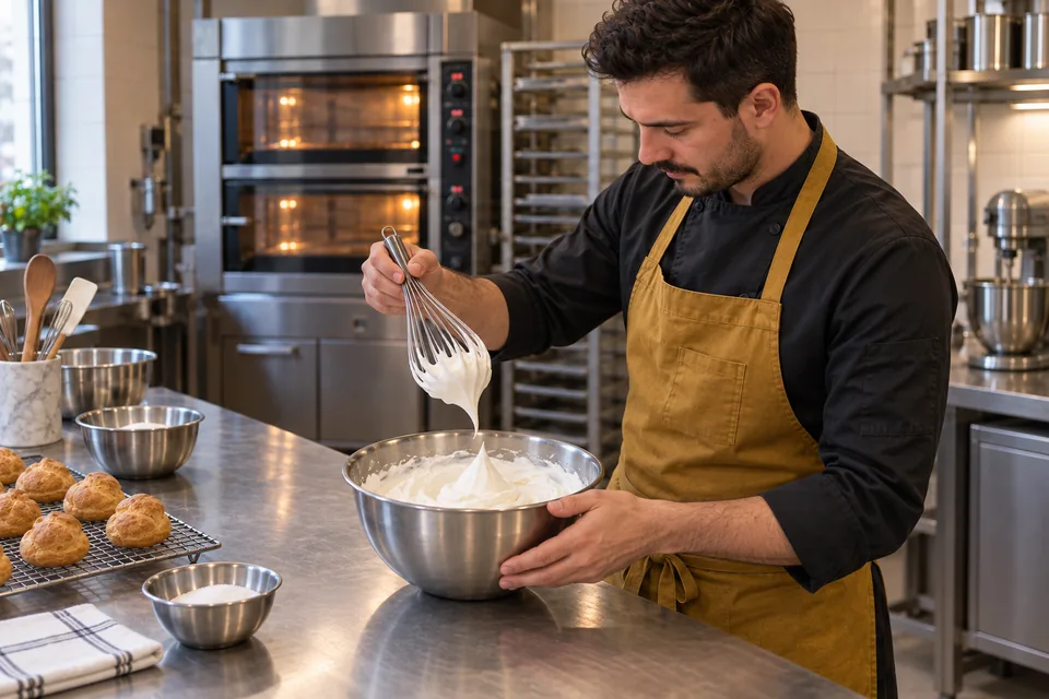 Chef lifts a whisk from a bowl of smooth whipped cream with firm peaks.