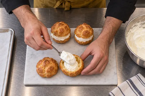 A split choux shell is filled with cream beside its matching top and two completed cream puffs.