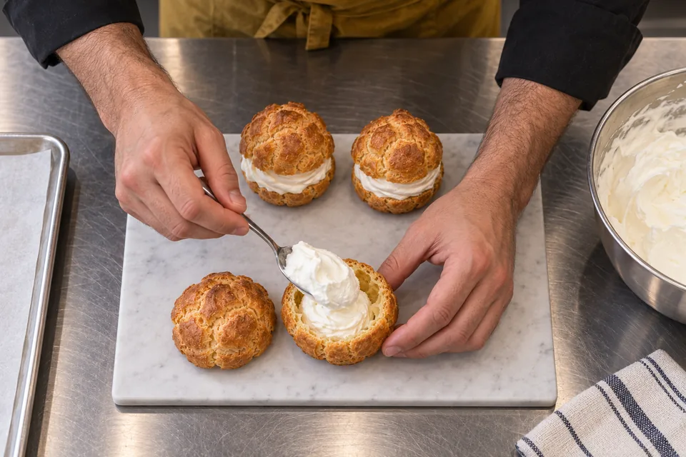 A split choux shell is filled with cream beside its matching top and two completed cream puffs.