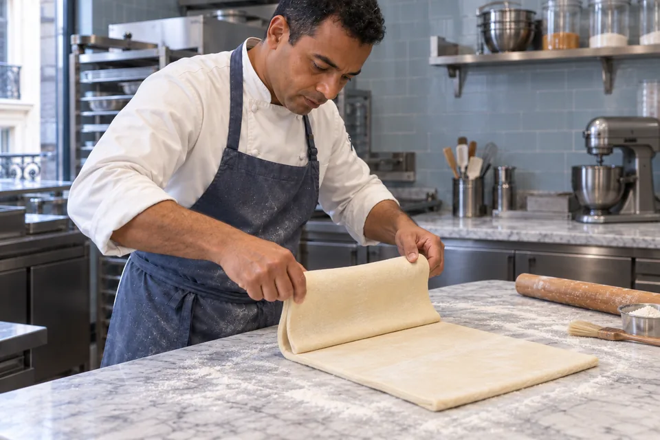 Chef folds one third of a rectangular croissant dough sheet over the centre.