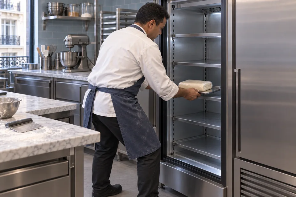 Chef places the wrapped folded croissant dough into a refrigerator.