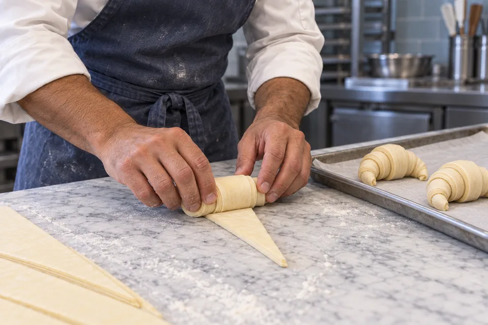 Hands roll a croissant triangle toward its point beside two shaped crescents.