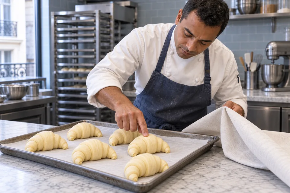 Chef gently checks a puffy unbaked croissant among six on a lined tray.