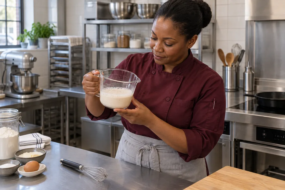 Baker inspects foamy yeast in warm milk and water.