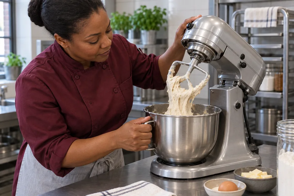 Sticky English muffin dough stretches from the paddle of a stopped mixer.