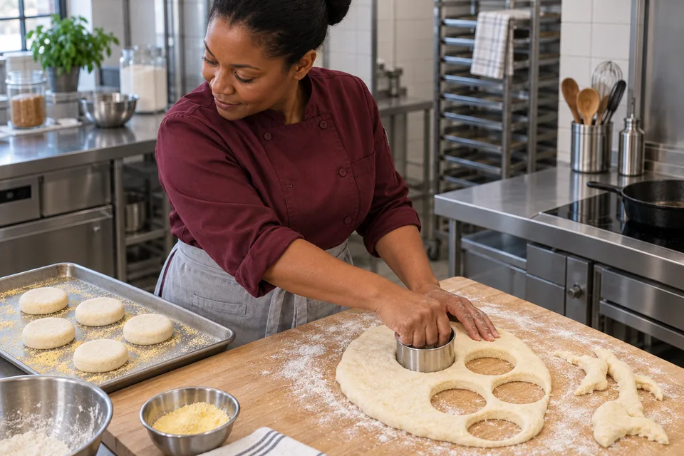 A round cutter portions thick English muffin dough beside a cornmeal-dusted tray.